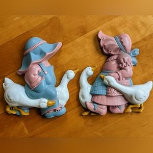 Vintage 80s Burwood 2pc Cottagecore Children Geese Pink & Blue Wall Hangings VTG